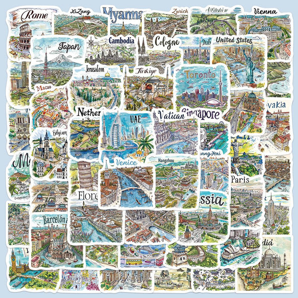 50pcs not repeated famous travelling spot waterproof sticker